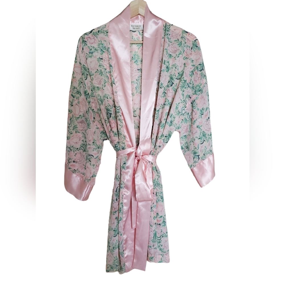 Vintage Satin Trim Floral Victoria's Secret Robe with Tie Gold Label
